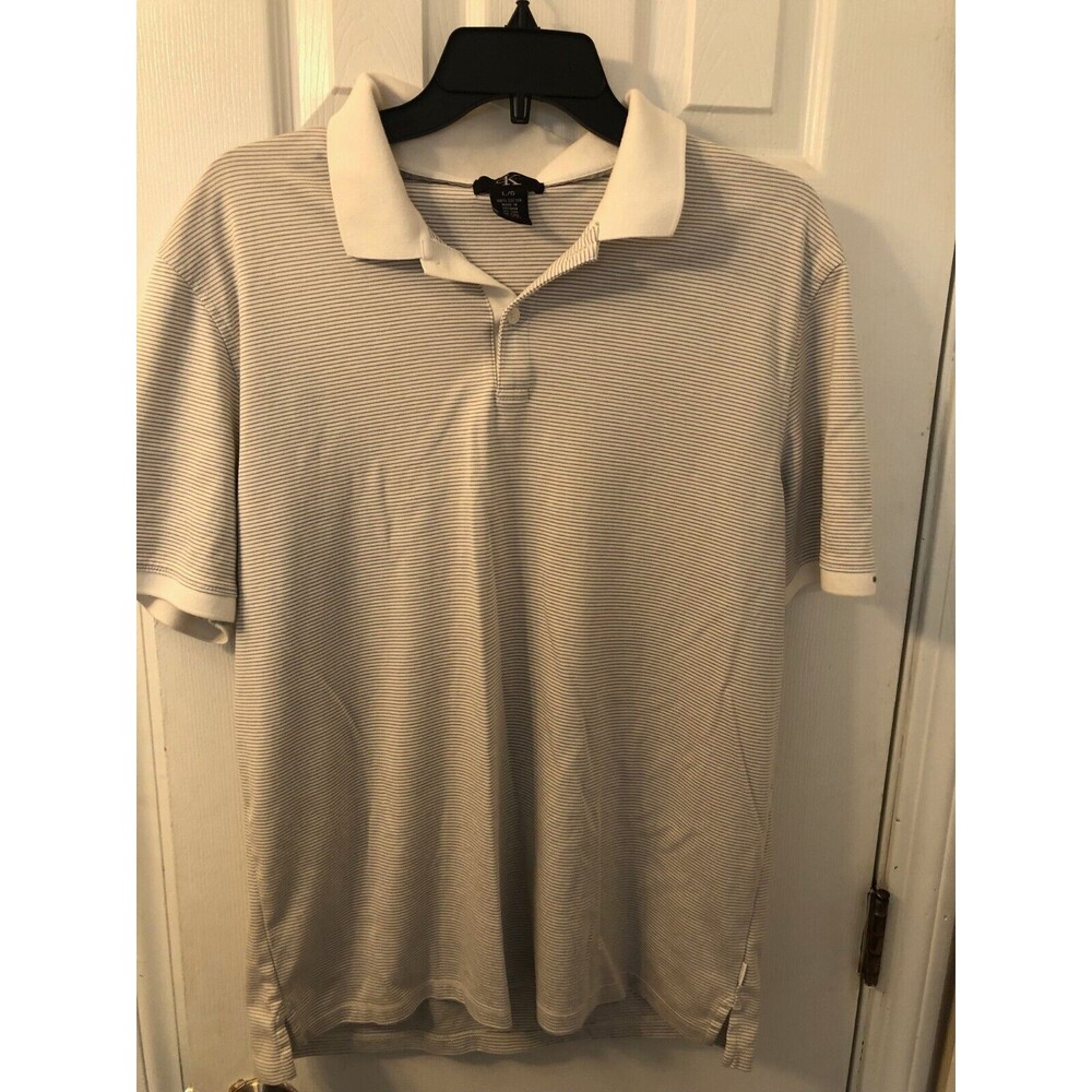 Calvin Klein Mens Large Shirt White Gray Striped Short Sleeve‎ Casual Polo